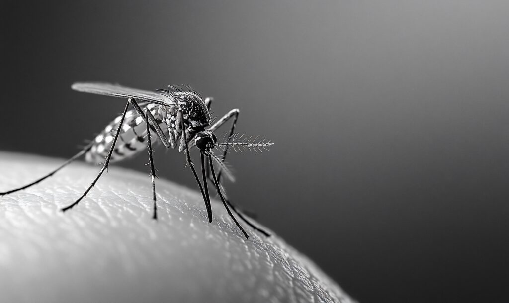 a close up of a mosquito feeding on human skin in black and white.