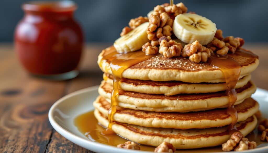 a stack of fluffy pancakes with maple syrup dripping down, topped with bananas and walnuts.