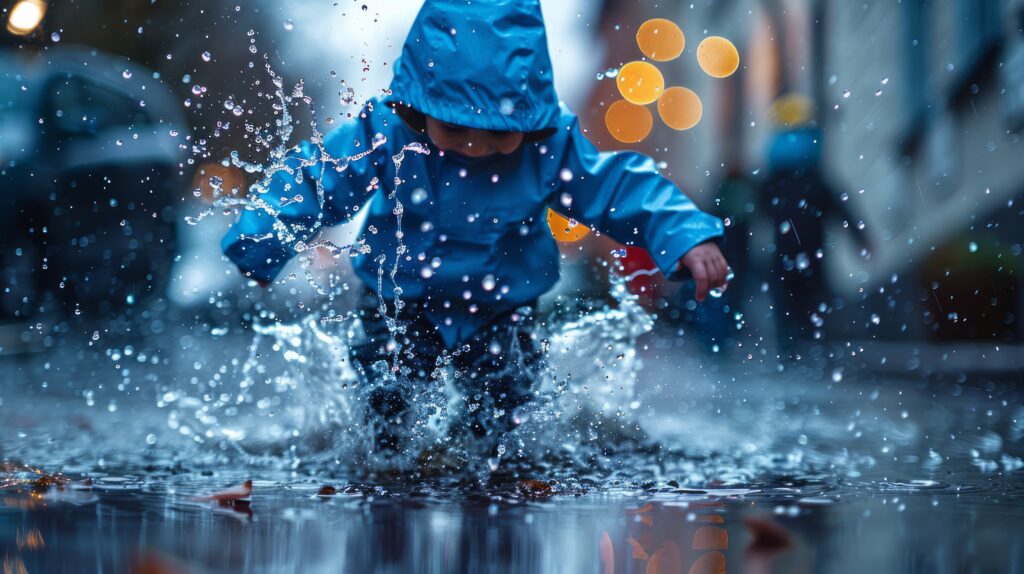 person in blue jacket running through puddle
