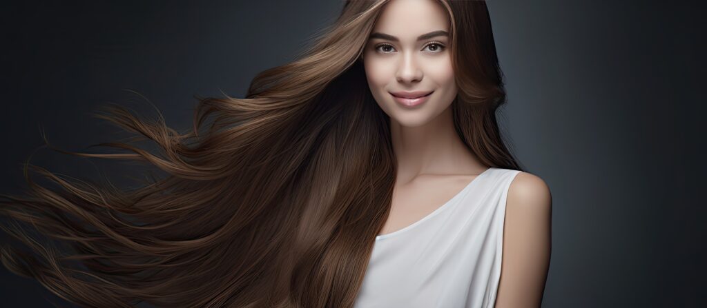 beautiful woman with long hair in nightgown elegantly posing on gray background looking at camera hair care concept empty area