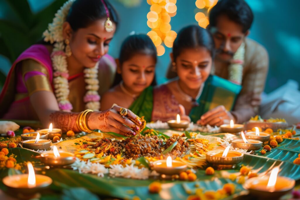 medium shot people celebrating tamil new year