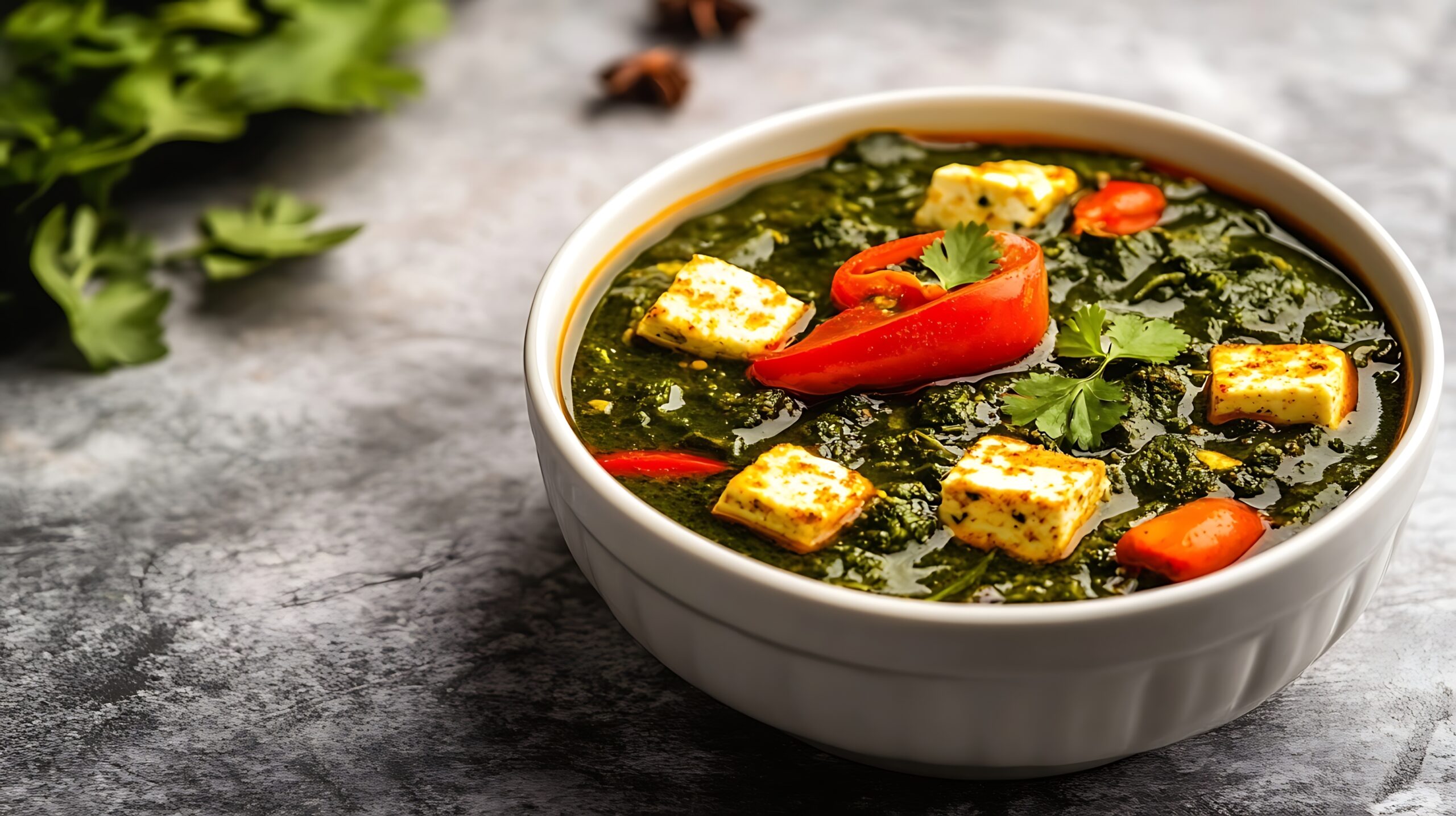 delicious palak paneer dish with spinach and cheese cubes.